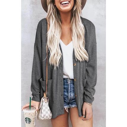 Gray Heather Knit Pocketed Button Front Cardigan