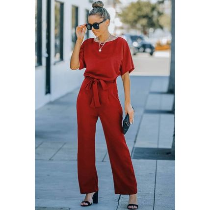 Red Belted Wide Leg Jumpsuit
