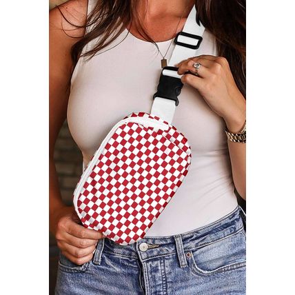 Fiery Red Checkered Print Zipped Buckle Strap Crossbody Bag