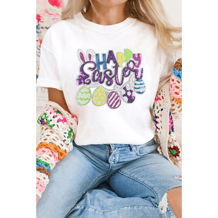 White Happy Easter Sequin Patched Casual Tee