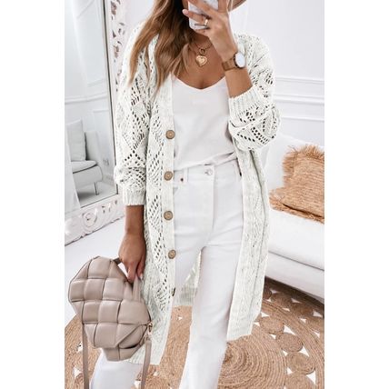 White Hollow-out Openwork Knit Cardigan