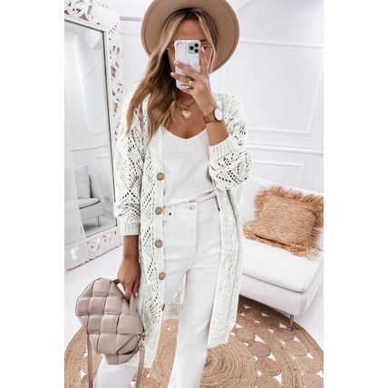 White Hollow-out Openwork Knit Cardigan