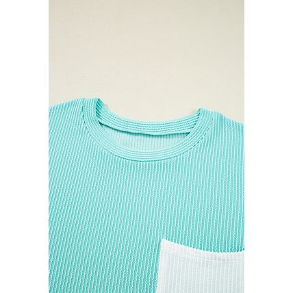 Iceland Blue 3D Ribbed Texture Contrast Patched Pocket Long Sleeve Top