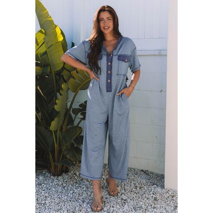 Beau Blue Half Placket Chest Pockets Short Sleeve Wide Leg Jumpsuit