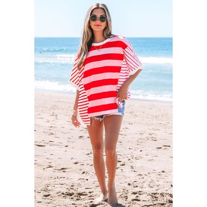 Pink Stripe Patchwork Round Neck Side Split Loose T Shirt
