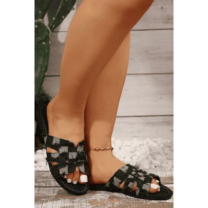 Black Checkered Distressed Linen Hollow Out Flat Slippers