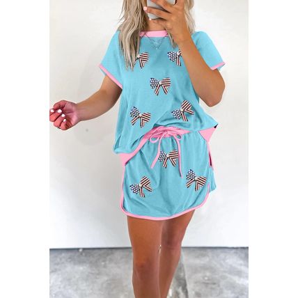 Turquoise Sequined American Bowknot Contrast Trim Casual Skirt Set