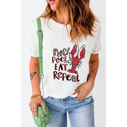 White Pinch Peel Eat Repeat Crawfish Print Crew Neck Tee