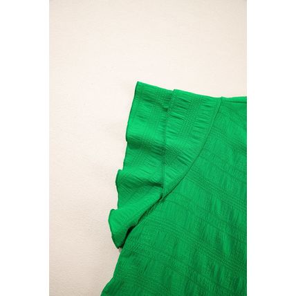 Dark Green Textured Ruffled Sleeve Round Neck Top