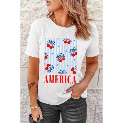 White Bow Cherry AMERICA Graphic Crewneck Patriotic T Shirt