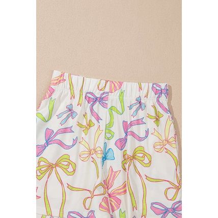 White Cheerful Bow Print Elastic Pull On Casual Shorts