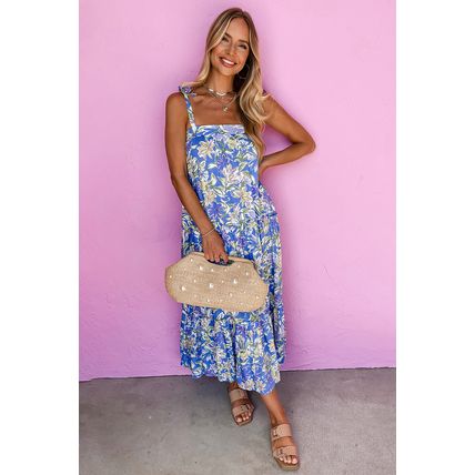 Sky Blue Floral Print Self-tie Straps Flowy Ruffle Long Dress