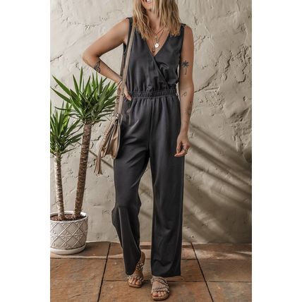 Black Wrap V Neck Sleeveless High Waist Jumpsuit