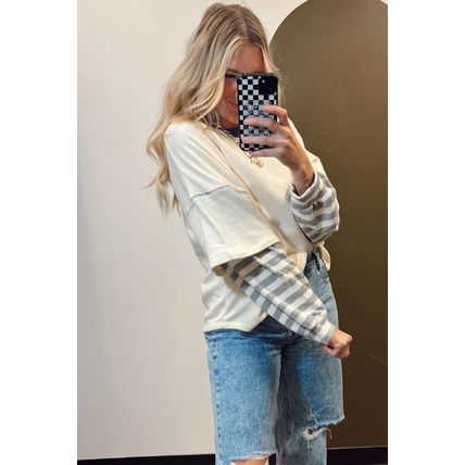 Beige Striped Patchwork Long Sleeve Round Neck Two-in-one Top