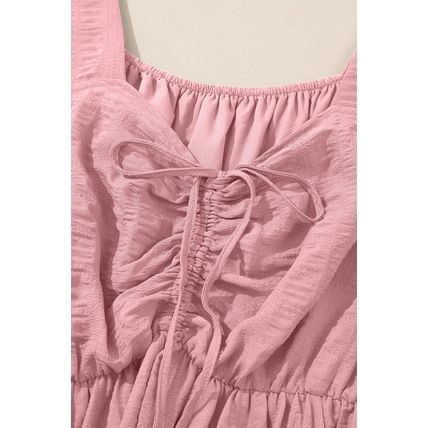Pink Lace-up Ruched Front Long Sleeve Ruffle Hem Plus Size Midi Dress