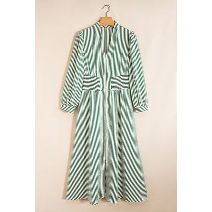 Green Stripe V Neck Zip Front Cinched High Waist Midi Dress