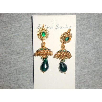 Fabulous emerald green & clear crystal glass golden Jhumka earrings
