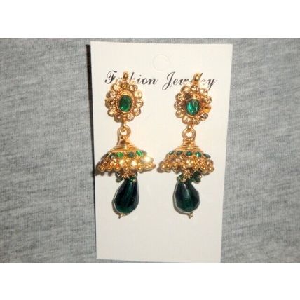 Fabulous emerald green & clear crystal glass golden Jhumka earrings