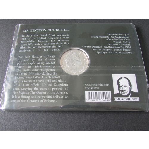 2015 QUEENN ELIZABETH II / SIR WINSTON CHURCHILL FINE SILVER £20 POUND COIN.