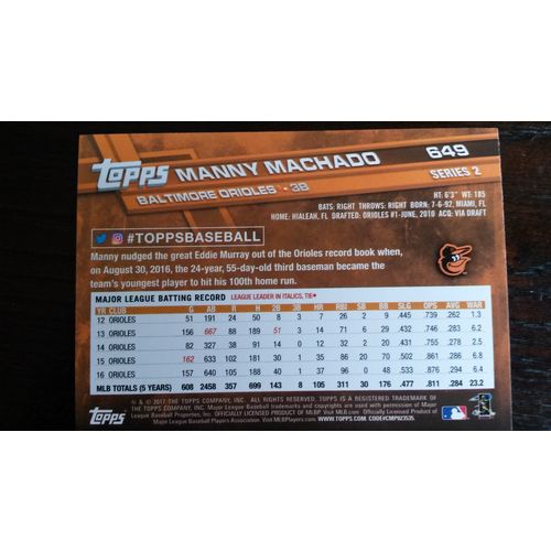 2017 Topps Card # 649 Manny Machado Near Mint (7) Baltimore Orioles