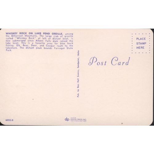 USA Postcard - Whiskey Rock on Lake Pend Oreille, Farragut State Park, Idaho