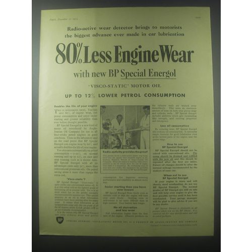 1954 BP Special Energol Motor Oil Ad - Radio-active wear detector