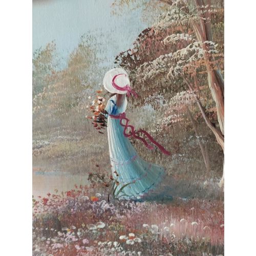 Oil Painting Lady in Long Blue Dress Standing By Lake Framed Oil on Canvas 03