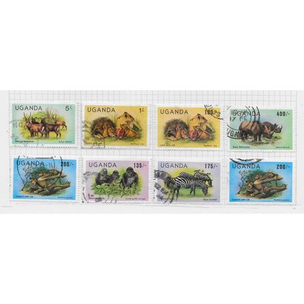 UGANDA 1983 8 STAMP LOT WILDLIFE ZEBRA LION LEOPARD RHINO GORILLA WATERBUCK USED