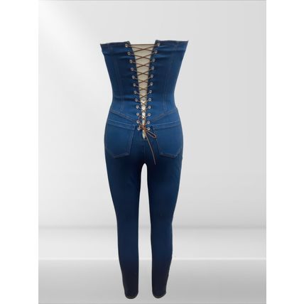 Women's Strapless Denim Jumpsuit With Lace Up Back