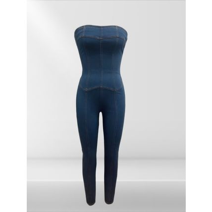 Women's Strapless Denim Jumpsuit With Lace Up Back