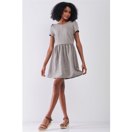 Women's Silver Grey Floral Embroidery Round Neck Short Sleeve Mini Dress