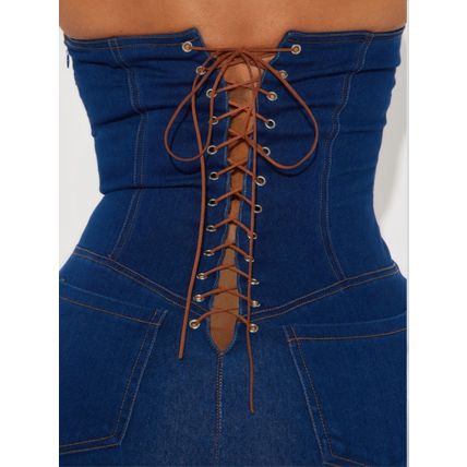 Women's Strapless Denim Jumpsuit With Lace Up Back