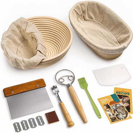 RORECAY Bread Banneton Proofing Basket Set, 9 Inch round & 10 Inch Oval Cane Sou