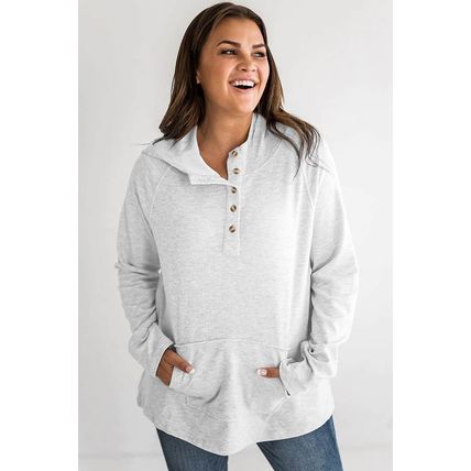 Gray Plus Size Kangaroo Pocket Henley Button Hoodie
