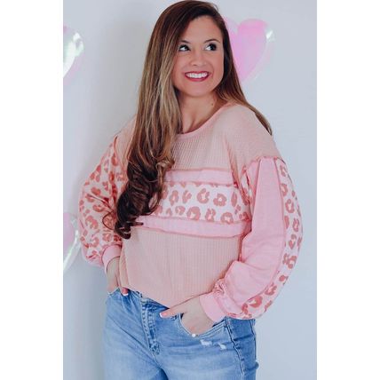 Pink Leopard Patchwork Exposed Seam Waffle Knit Top