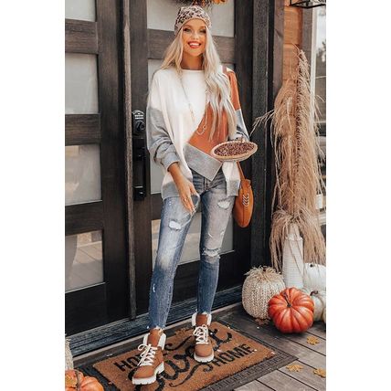 Khaki Colorblock Stitching Irregular Hem Long Sleeve Top