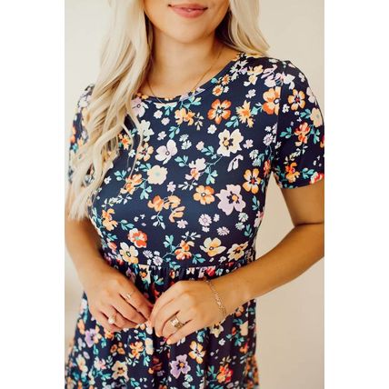 Blue Short Sleeve A-line Floral Dress