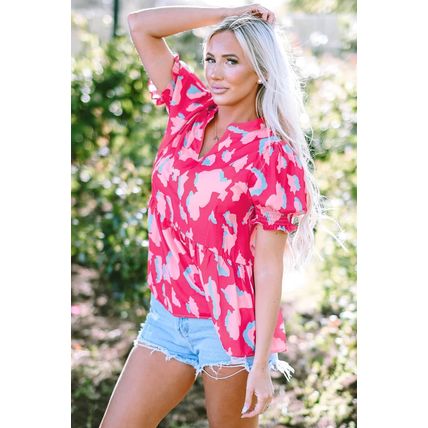 Rose Abstract Print Smocked Puff Sleeve V Neck Blouse
