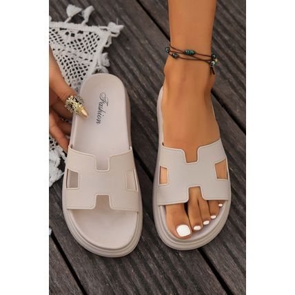 Beige Cutout Design Open Toe Platform Slippers