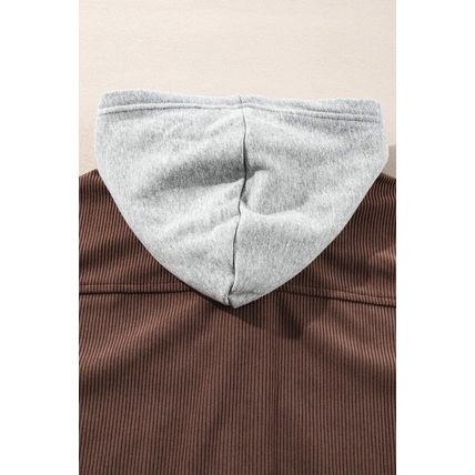 Coffee Hooded Drawstring Pockets Corduroy Shacket