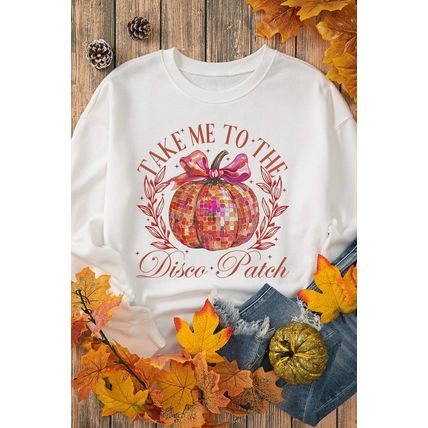 Beige Halloween Disco Ball Pumpkin Print Pullover Sweatshirt
