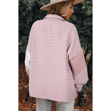 Pink Houndstooth Color Contrast Textured Patchwork Loose Shacket