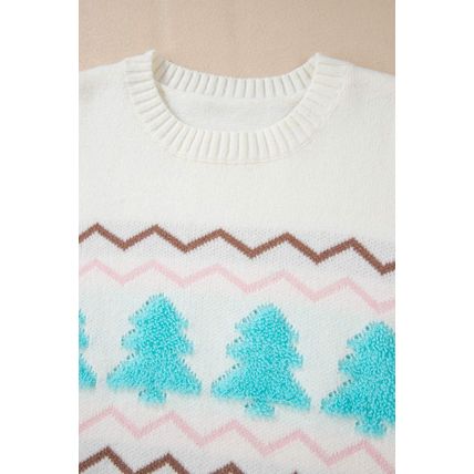 White Striped Christmas Tree Ribbed Trim Drop Shoulder Sweater