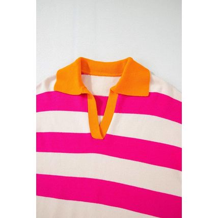 Rose Stripe Color Block Collared V Neck Drop Shoulder Sweater
