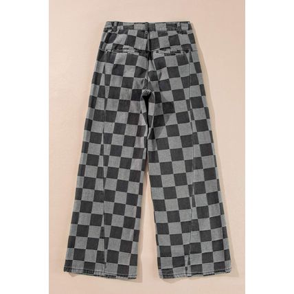 Dark Grey Checkered Denim Wide Leg Jeans