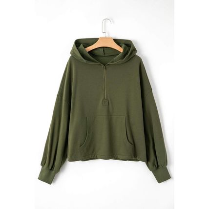 Moss Green Fleece Lined Half Zipper Kangaroo Pockets Loose Hoodie