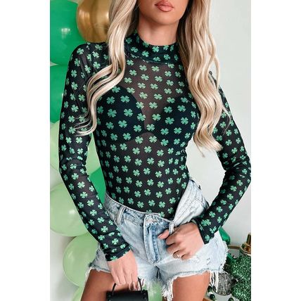 Green St Patrick Shamrock Printed Long Sleeve Mesh Bodysuit