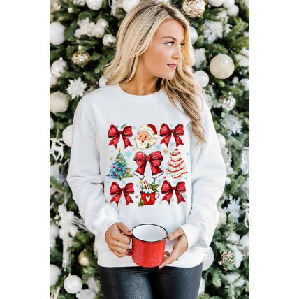 Beige Christmas Tree Bowknot Santa Clause Graphic Holiday Sweatshirt