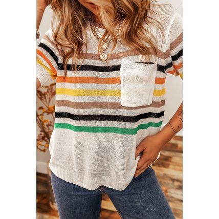 White Striped Pocketed Loose Fit Crewneck Knitted T Shirt