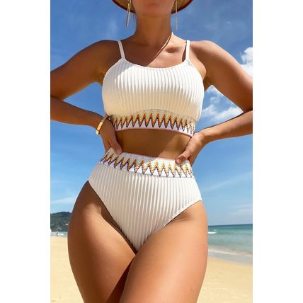 White Textured Contrast Banding Bikini High Waist 2pcs Swimsuit
